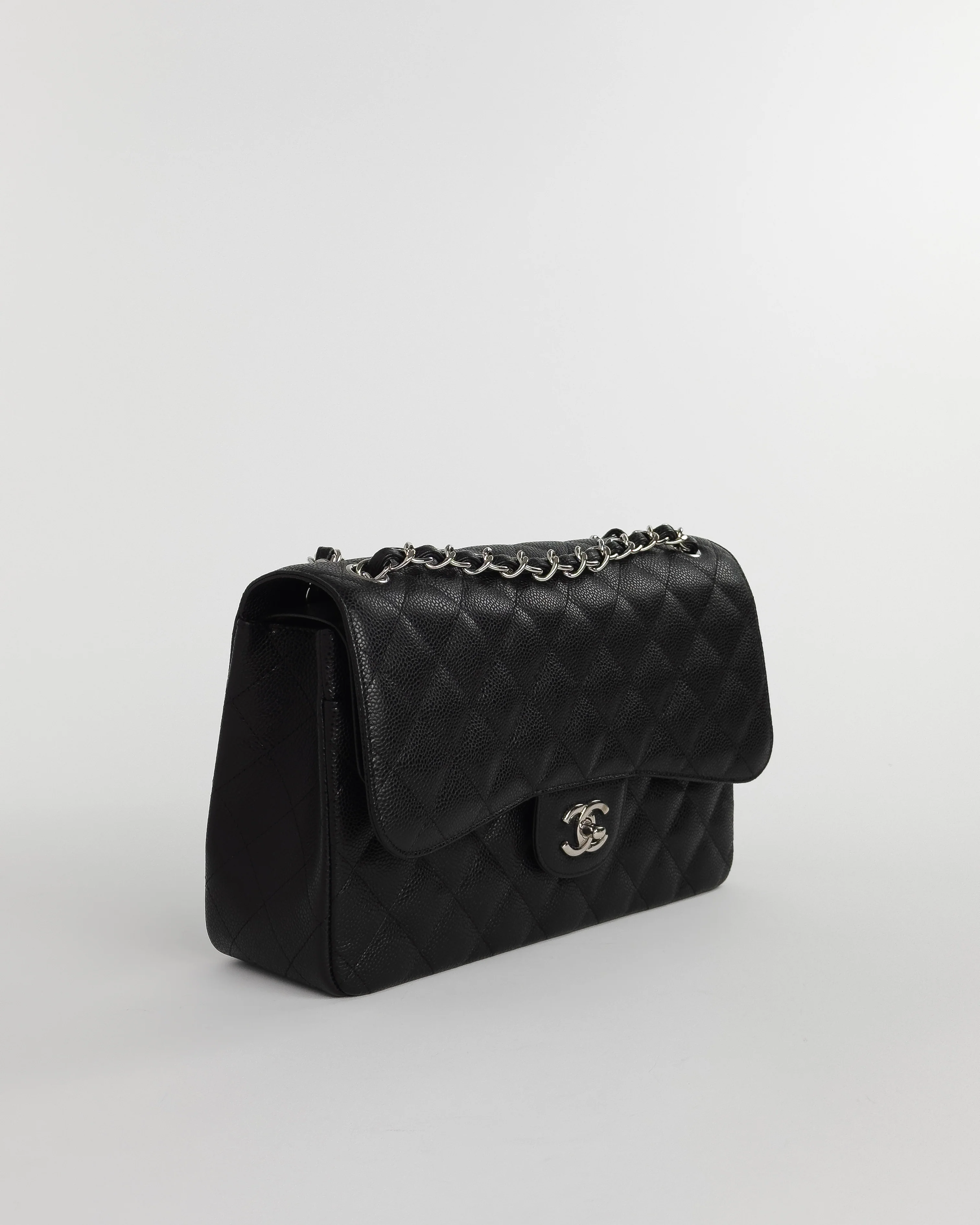 Large Caviar Skin Chain Double Flap Matelasse Shoulder Bag Black - Image 4