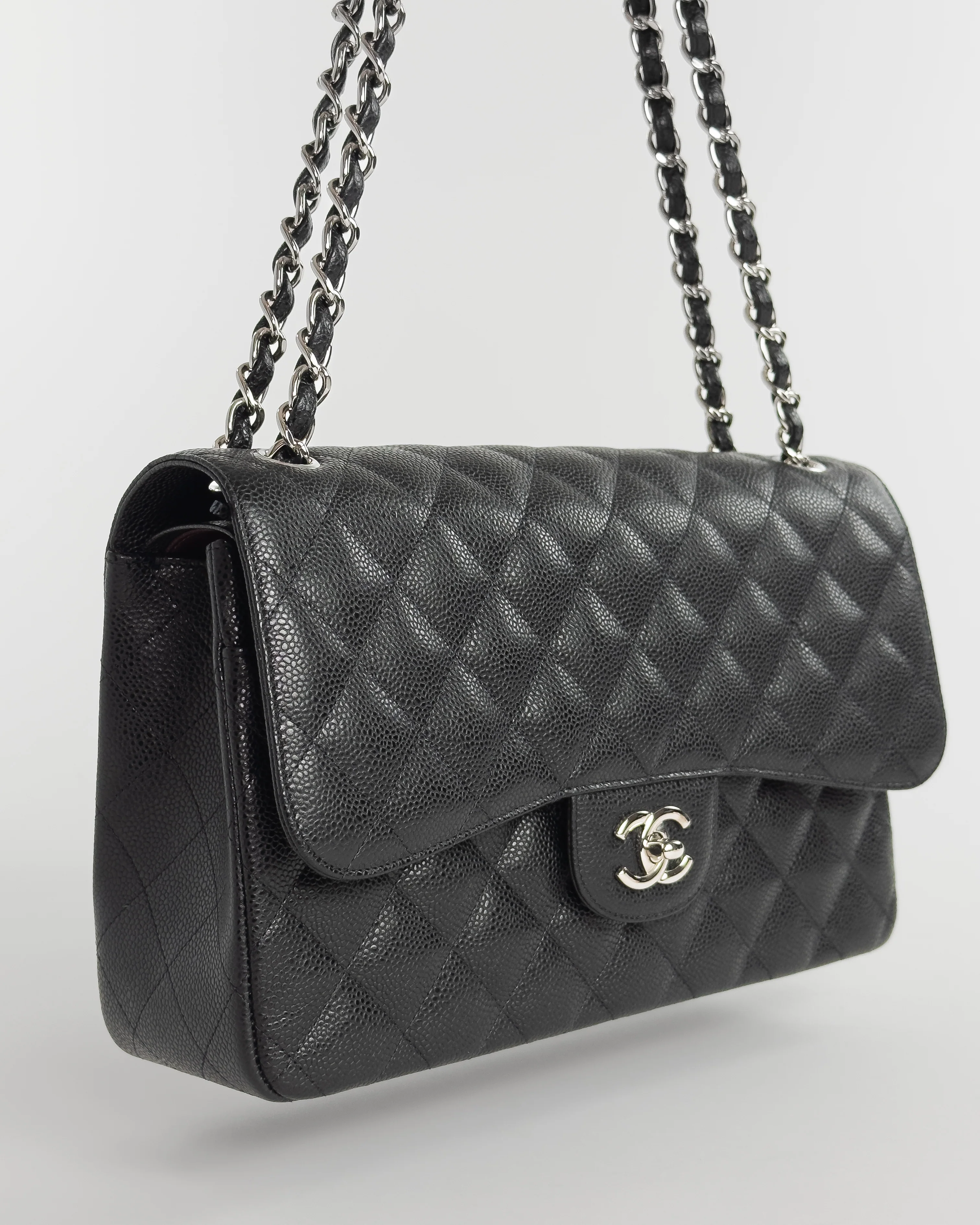 Large Caviar Skin Chain Double Flap Matelasse Shoulder Bag Black - Image 6