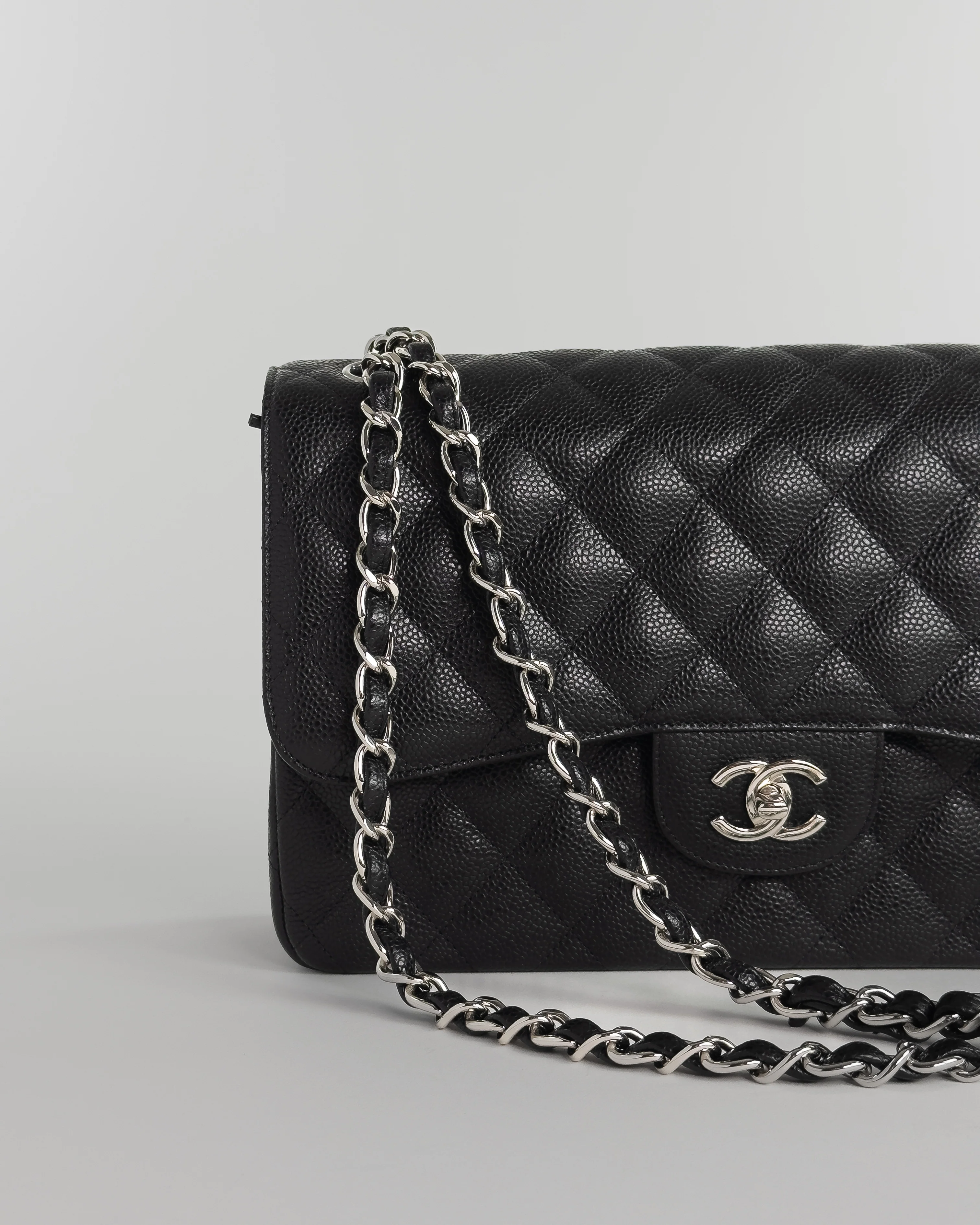 Large Caviar Skin Chain Double Flap Matelasse Shoulder Bag Black - Image 7