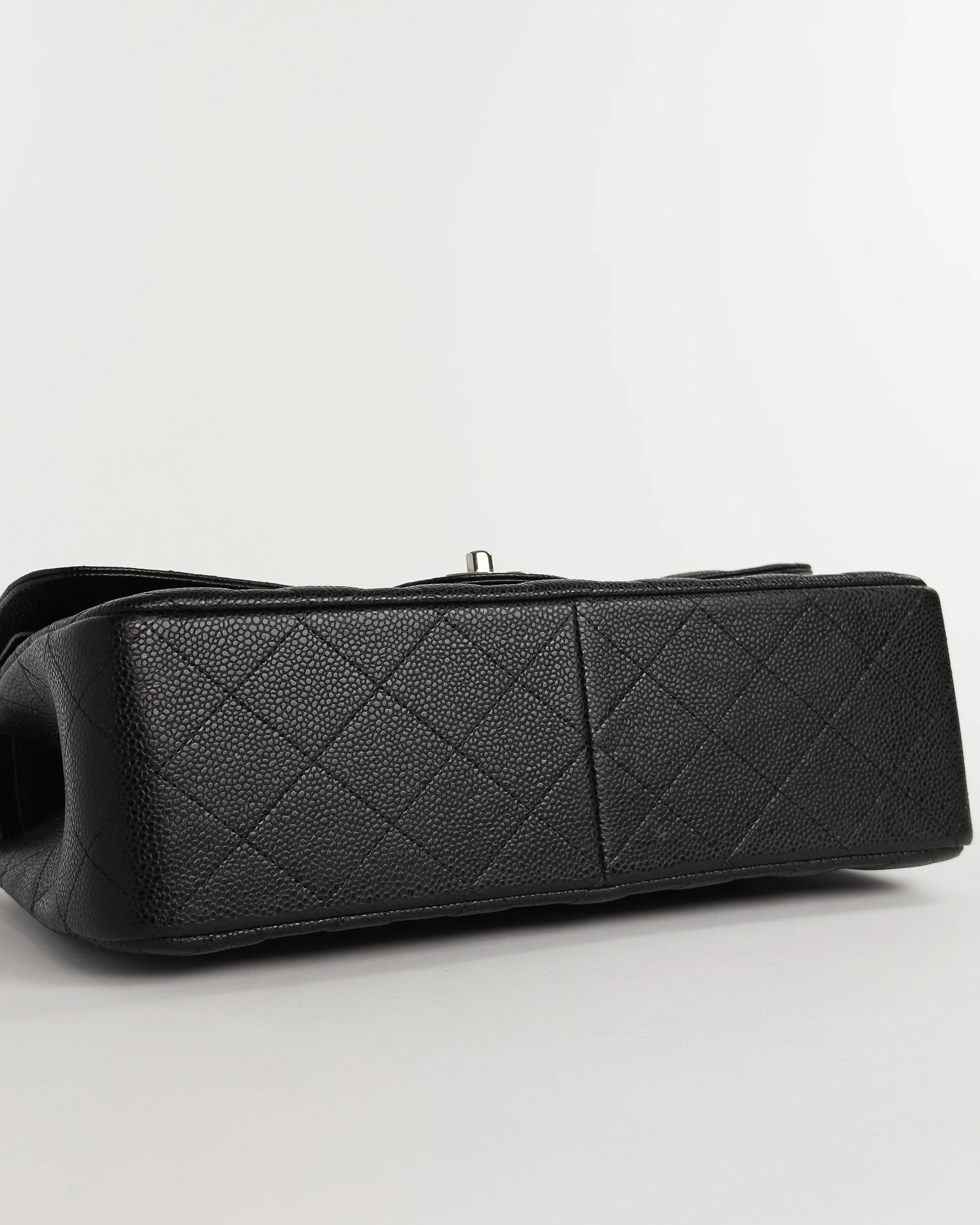 Large Caviar Skin Chain Double Flap Matelasse Shoulder Bag Black - Image 8