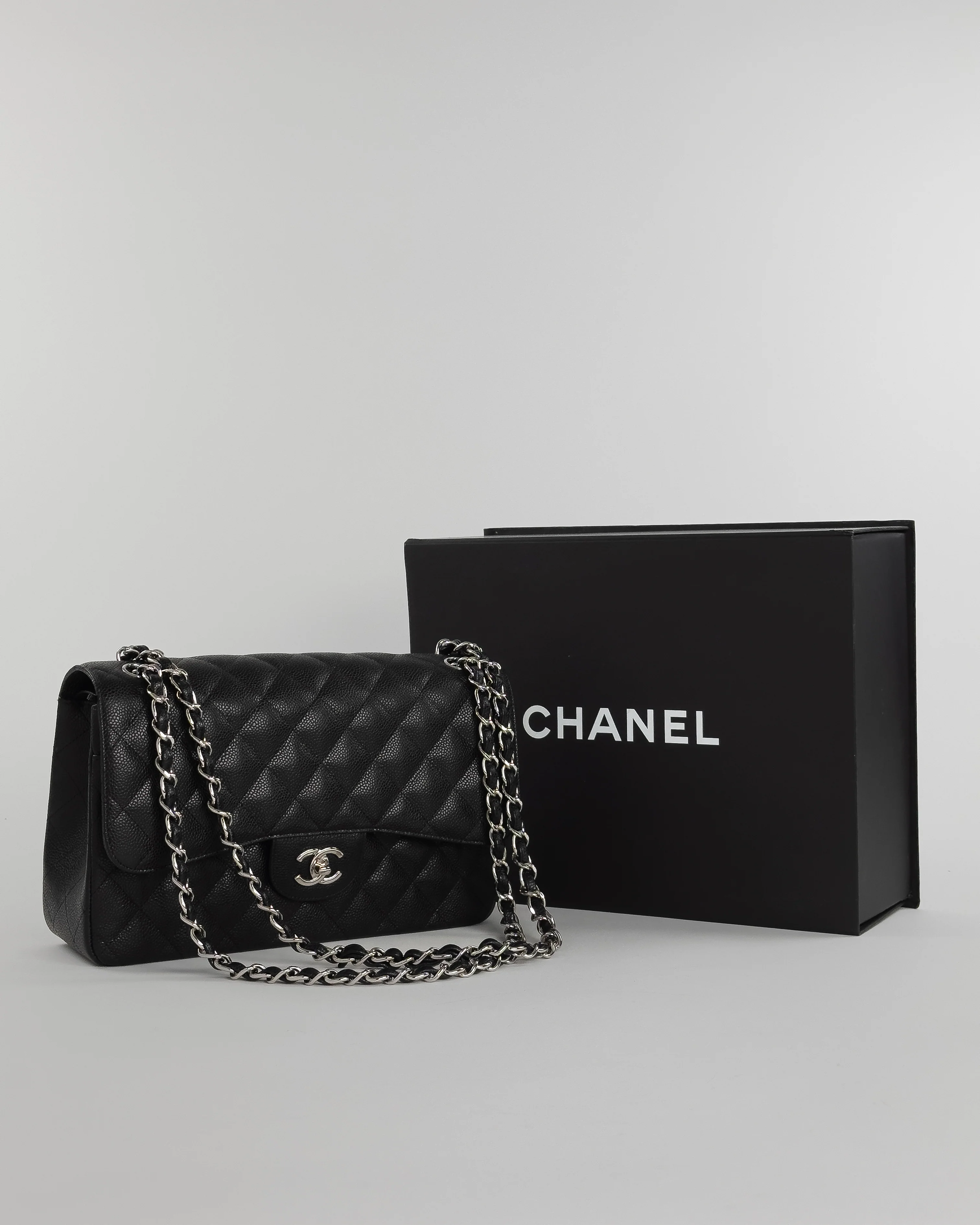 Large Caviar Skin Chain Double Flap Matelasse Shoulder Bag Black - Image 9