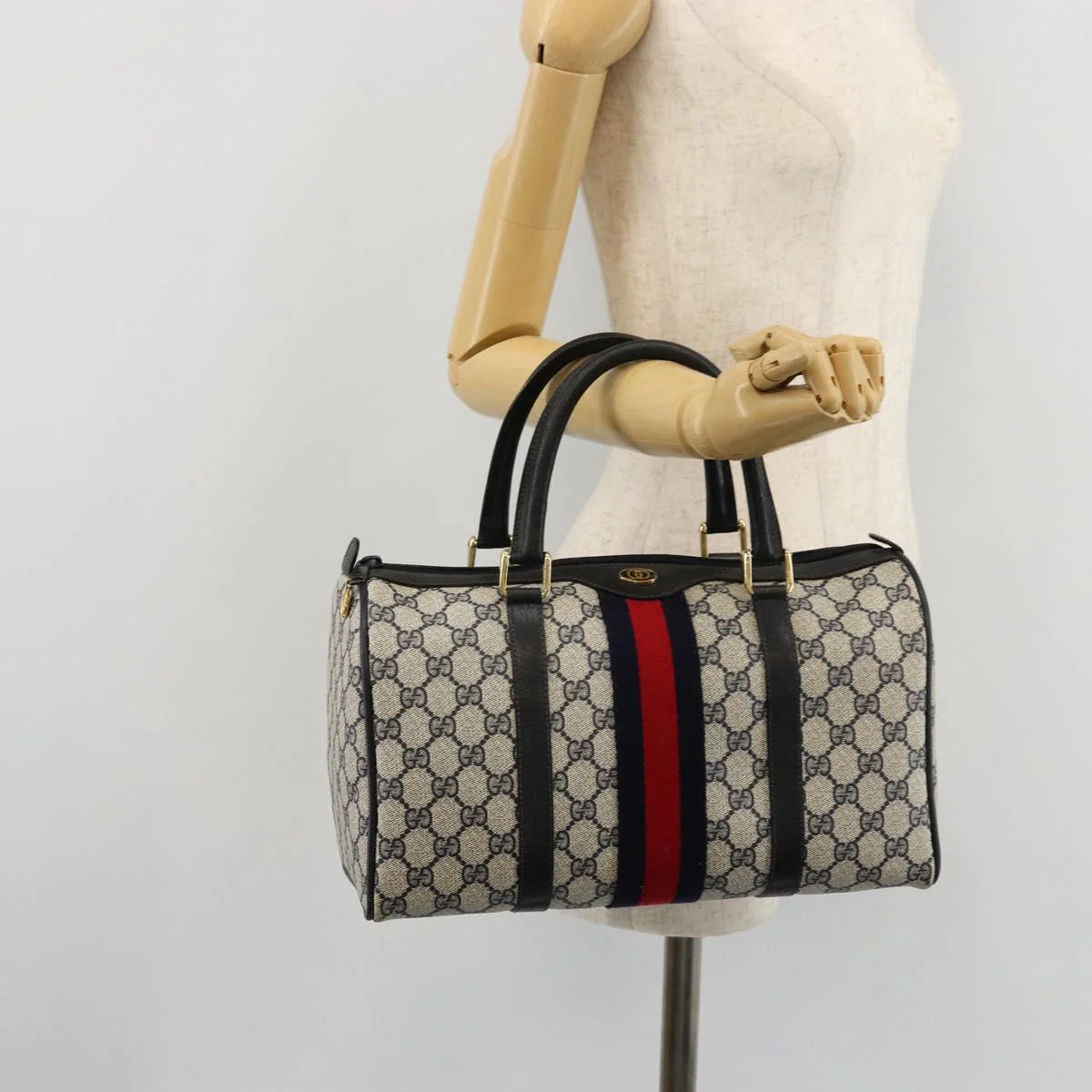 GG Supreme Sherry Line Hand Bag PVC Navy Gold - Image 24