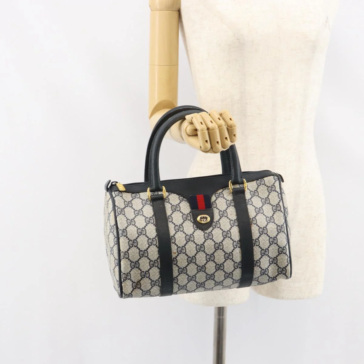 GG Supreme Sherry Line Hand Bag PVC Navy Gold Red - Image 24