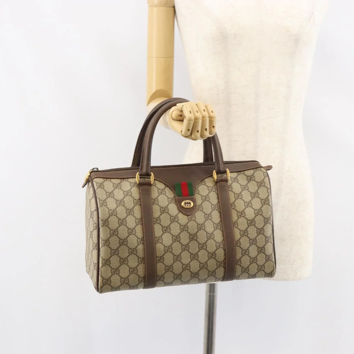 GG Supreme Web Sherry Line Boston Bag PVC Beige Gold - Image 24