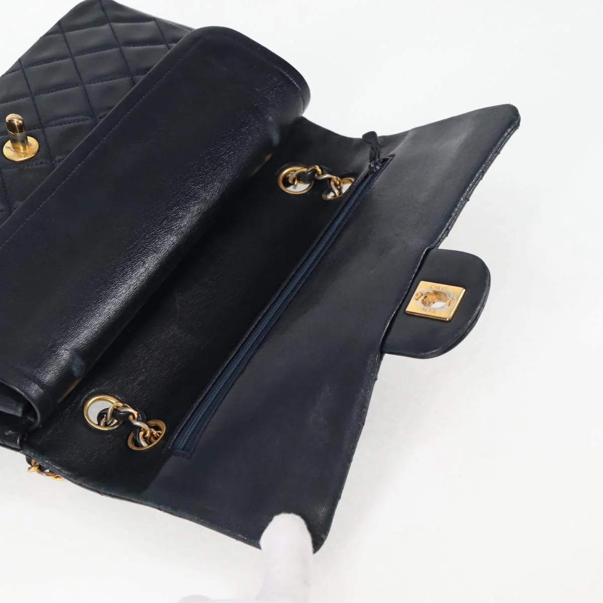 Matelasse 25 Double Flap Chain Bag Lamb Skin Navy Gold CC - Image 13