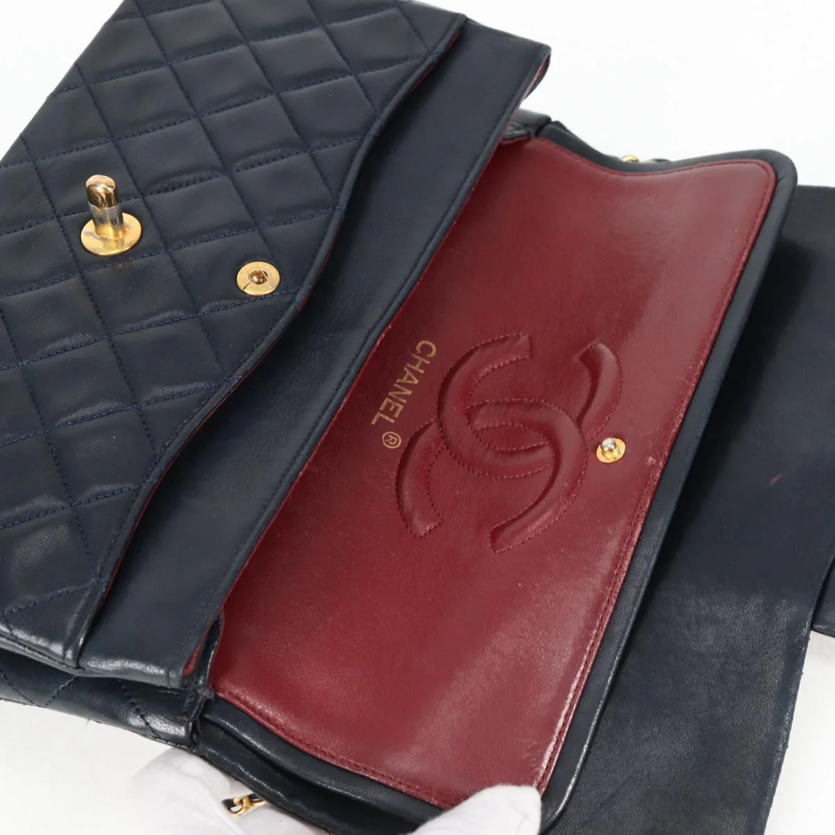 Matelasse 25 Double Flap Chain Bag Lamb Skin Navy Gold CC - Image 17