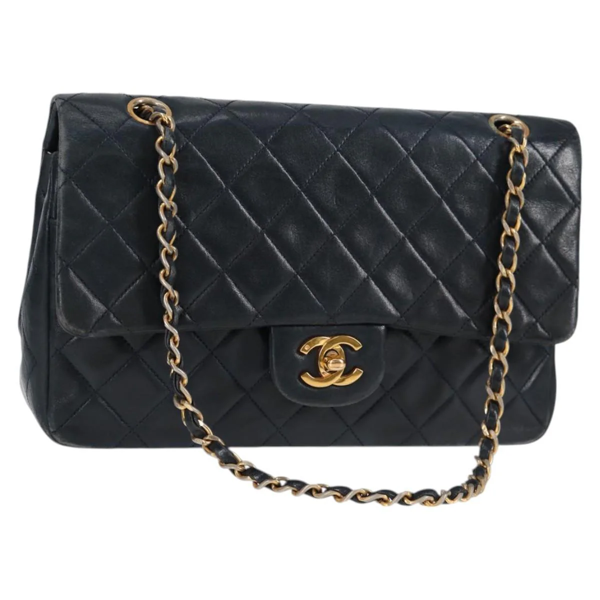 Matelasse 25 Double Flap Chain Bag Lamb Skin Navy Gold CC - Image 21