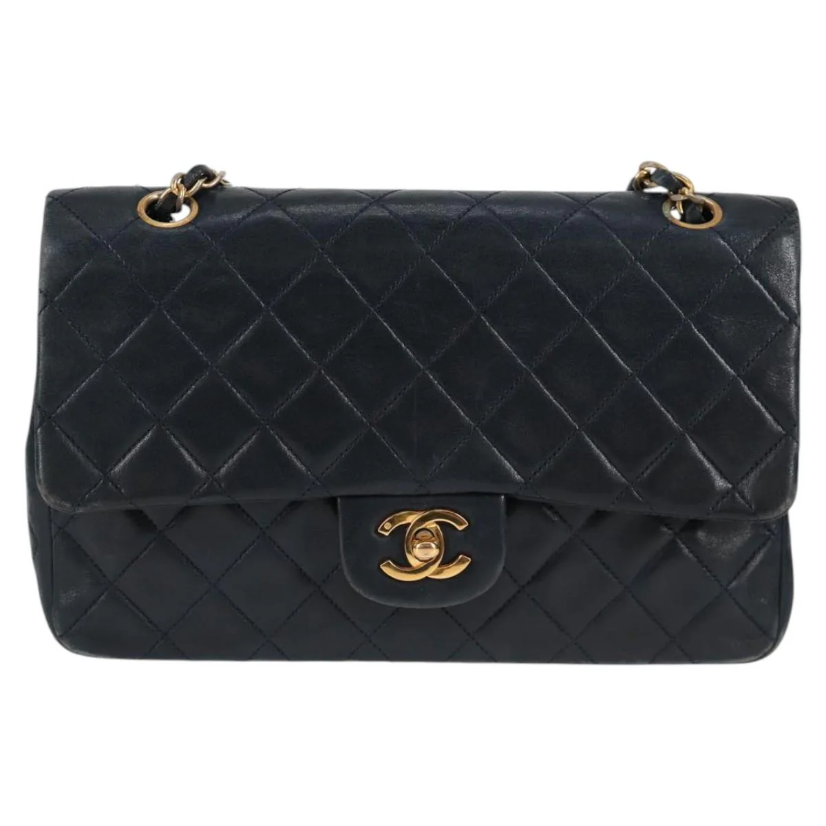 Matelasse 25 Double Flap Chain Bag Lamb Skin Navy Gold CC - Image 3